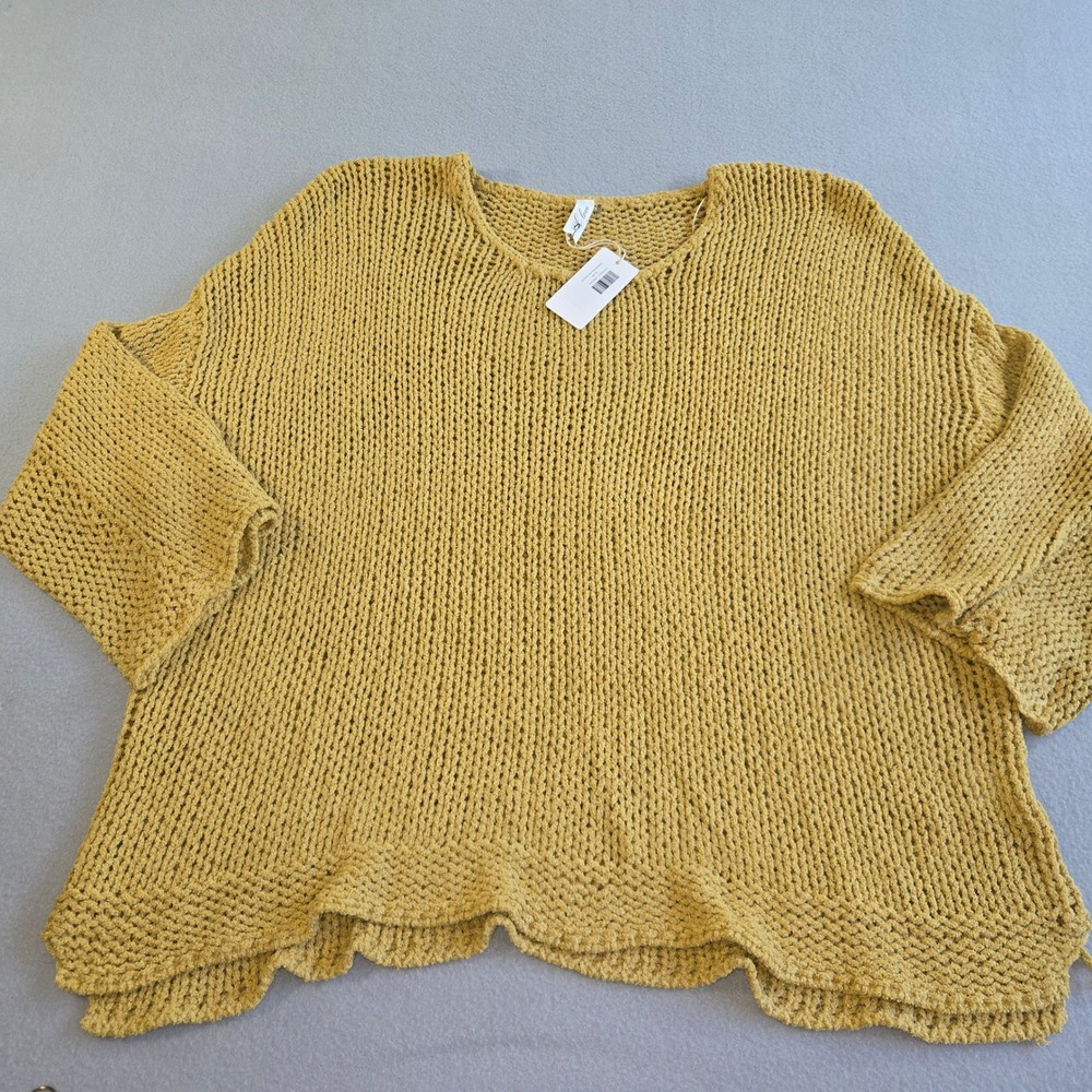 L Love Sweater Women 2XL Mustard Yellow Open Knit Ruffle Hem CL10533